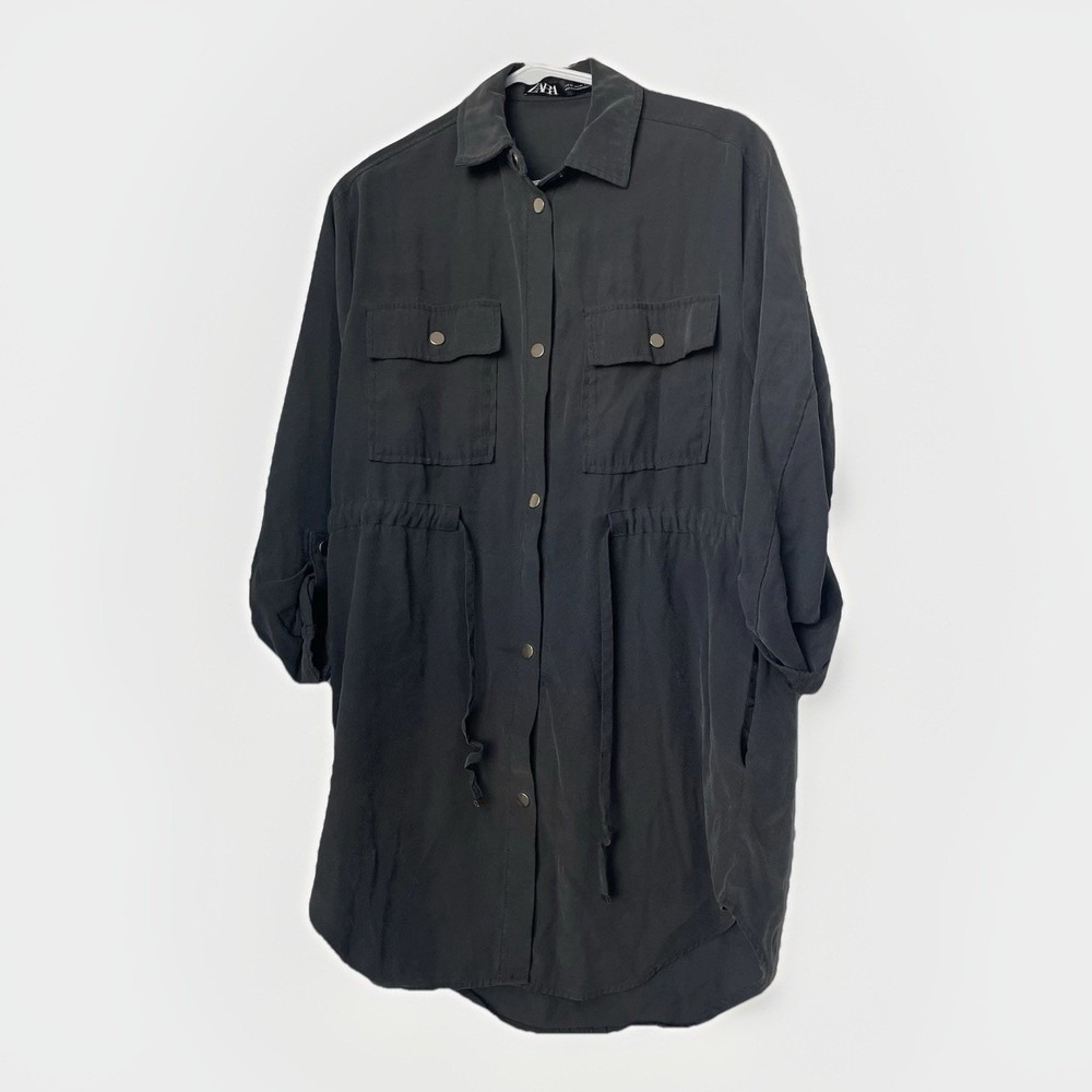 Women's Dark Gray Button Down Shirt Dress Drawstring Utility Biker XS